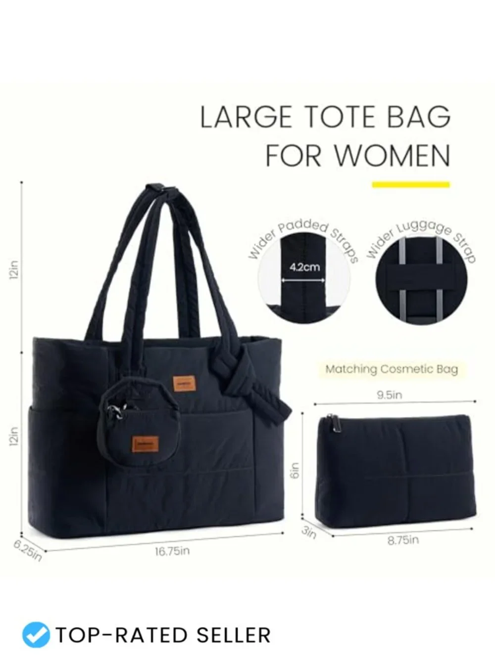 Lightweight Quilted Puffer Tote Bag with Mini Pouch, Laptop Sleeve, Travel